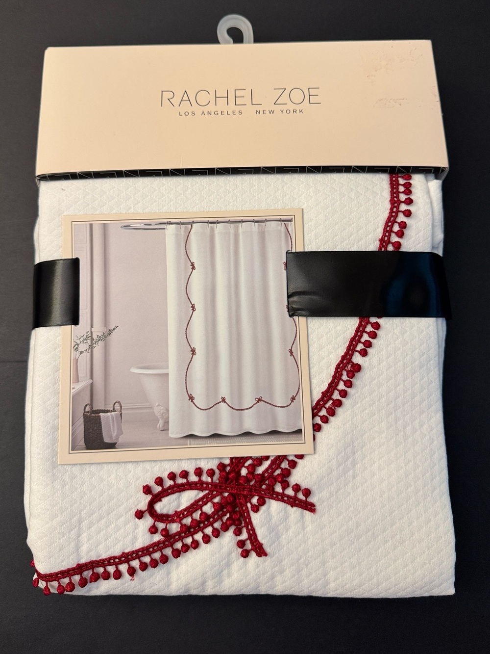 Rachel Zoe White Shower Curtain with Red Pom Pom/ Bows Accent - 72"x72"